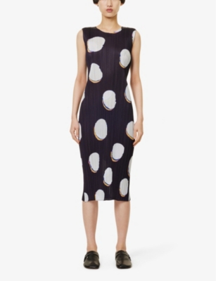 Shop Issey Miyake Pleats Please  Women's White Abstract-pattern Round-neck Knitted Midi Dress