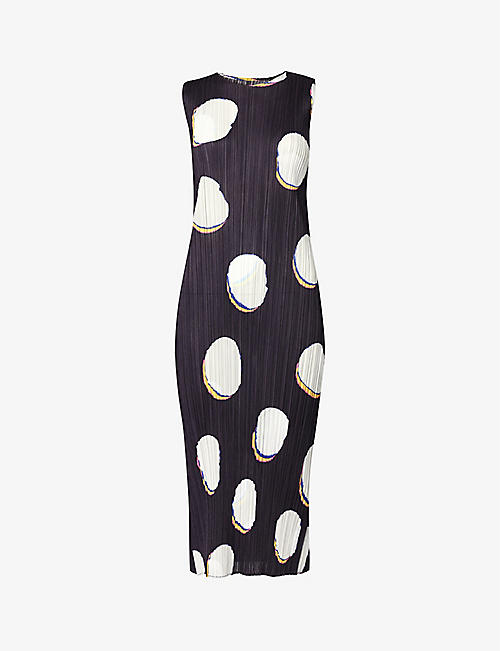 PLEATS PLEASE ISSEY MIYAKE: Abstract-pattern round-neck knitted midi dress