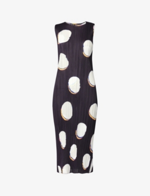 Issey Miyake Pleats Please  Womens White Abstract-pattern Round-neck Knitted Midi Dress