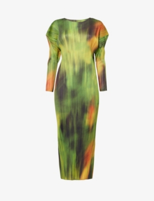 PLEATS PLEASE ISSEY MIYAKE: Turnip and Spinach abstract-pattern knitted midi dress