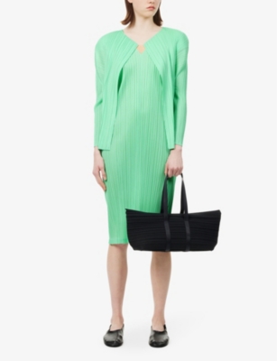 Shop Issey Miyake Pleats Please  Women's Mint Green Pleated Round-neck Knitted Cardigan