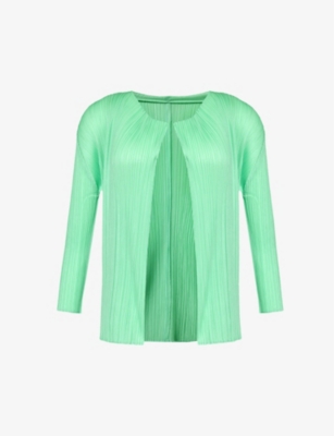 Shop Issey Miyake Pleats Please  Women's Mint Green Pleated Round-neck Knitted Cardigan