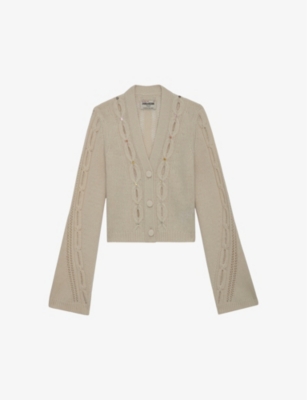 Zadig & Voltaire Zadig&voltaire Women's Ecru Barley V-neck Cable-knit Merino-wool Cardigan