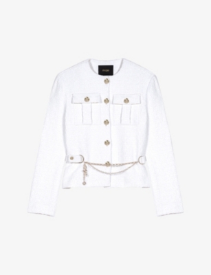 Maje Womens Blanc Adjustable Belt And Charm Tweed Jacket