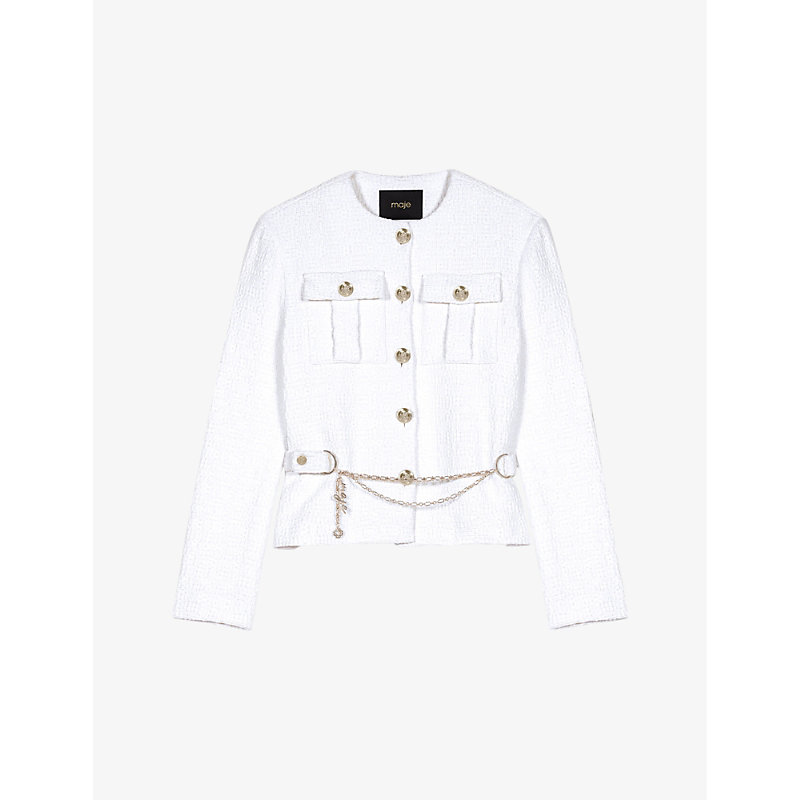 Maje Womens Blanc Adjustable Belt And Charm Tweed Jacket