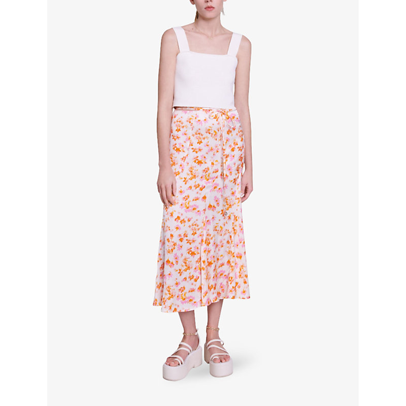Shop Maje Women's Multicolor Floral-pattern Chain-belt Satin Midi Skirt