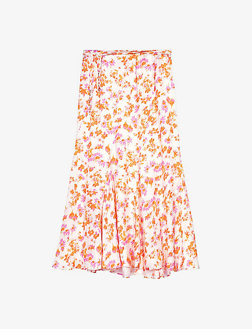 MAJE: Floral-pattern chain-belt satin midi skirt