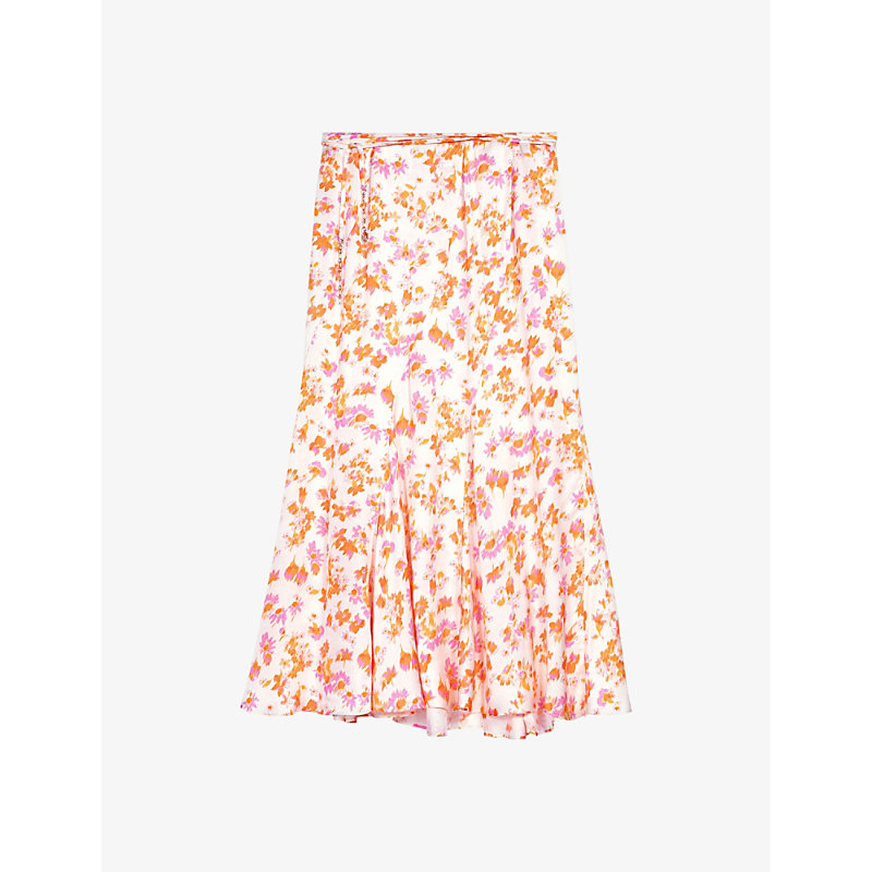 Shop Maje Women's Multicolor Floral-pattern Chain-belt Satin Midi Skirt