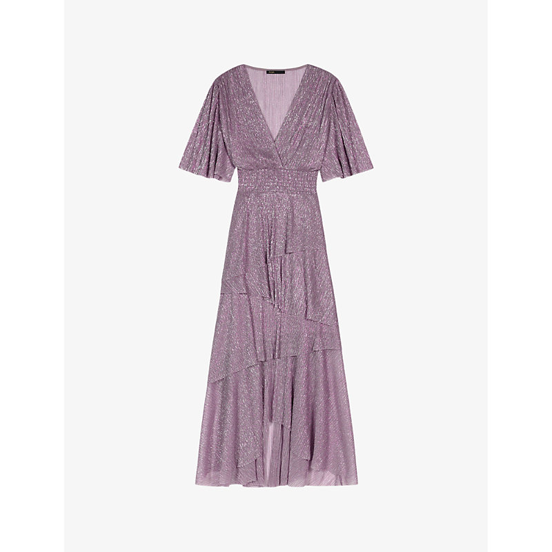 Maje Women's Violets Embellished-ruffled V-neck Plissé Maxi Dress