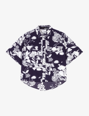 Shop Maje Women's Noir / Gris Floral-print Cropped Cotton Shirt