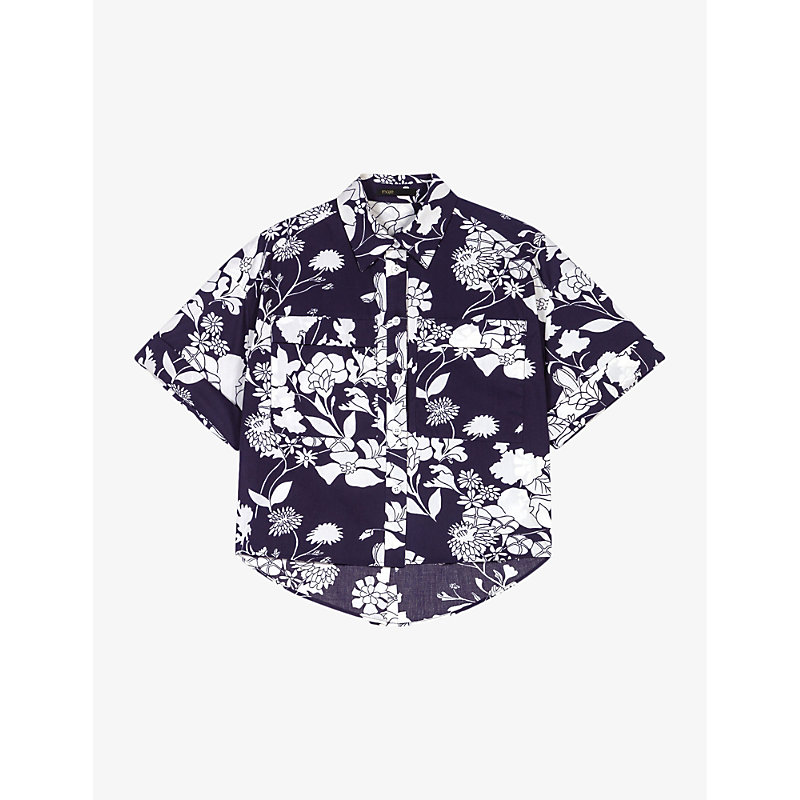 Maje Women's Noir / Gris Floral-print Cropped Cotton Shirt