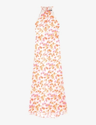 MAJE: Floral-pattern drawstring-neck satin maxi dress