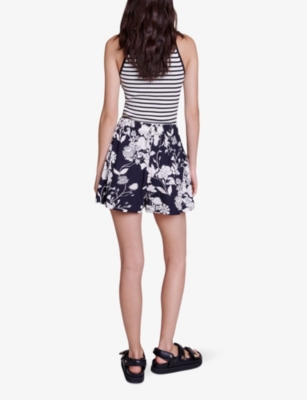 Shop Maje Women's Noir / Gris Floral-pattern High-rise Cotton-poplin Shorts