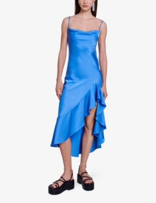 Shop Maje Women's Bleus Ruffle-trim Asymmetric-hem Satin Midi Dress