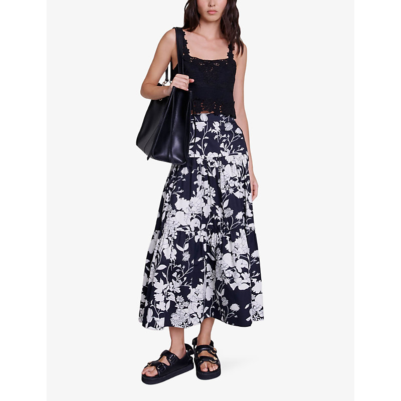 Shop Maje Women's Noir / Gris Floral-print Gathered Cotton Maxi Skirt