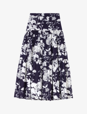Shop Maje Women's Noir / Gris Floral-print Gathered Cotton Maxi Skirt