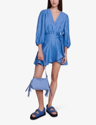 Shop Maje Womens Bleus Wrap-front Linen-blend Mini Skirt