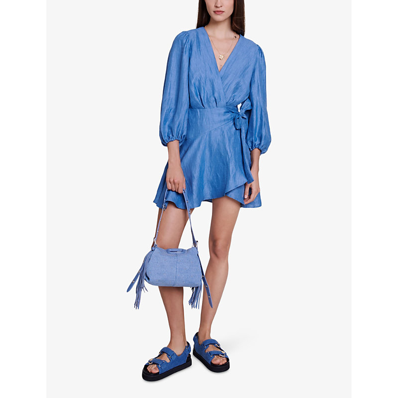 Shop Maje Womens Bleus Wrap-front Linen-blend Mini Skirt