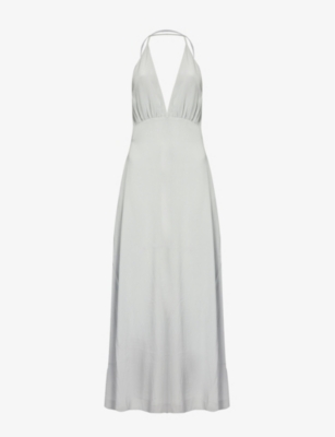 Shop Totême Plunge-neck Gathered Silk Maxi Dress In Glacier