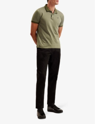 Shop Ted Baker Men's Khaki Helta Stripe-trim Cotton Polo Shirt