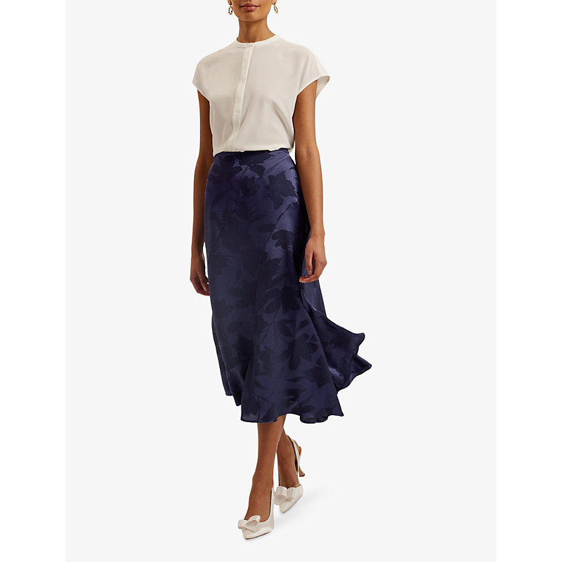 Shop Ted Baker Women's Navy Trebbia Floral-jacquard Satin Midi Skirt