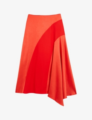 Shop Ted Baker Women's Red Bolsena Asymmetric-hem Satin Midi Skirt