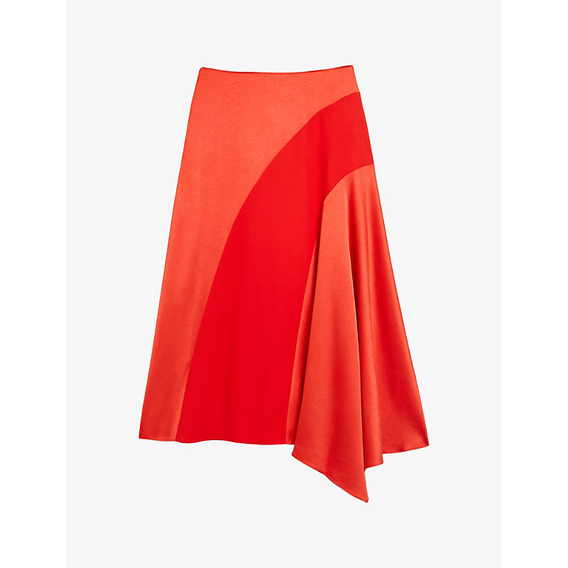 Shop Ted Baker Bolsena Asymmetric-hem Satin Midi Skirt In Red