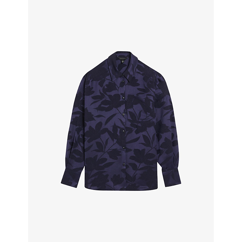 Shop Ted Baker Womens Navy Bormida Floral-print Satin Shirt