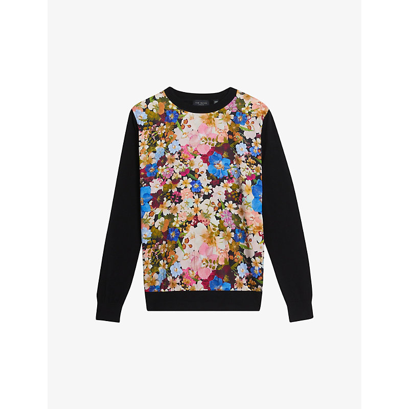 Shop Ted Baker Delbi Floral-print Woven Sweatshirt In Black