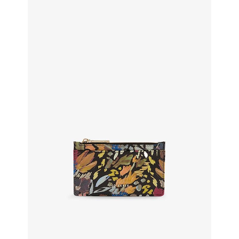 Ted Baker Womens Black Medell Painted Floral-print Leather Cardholder
