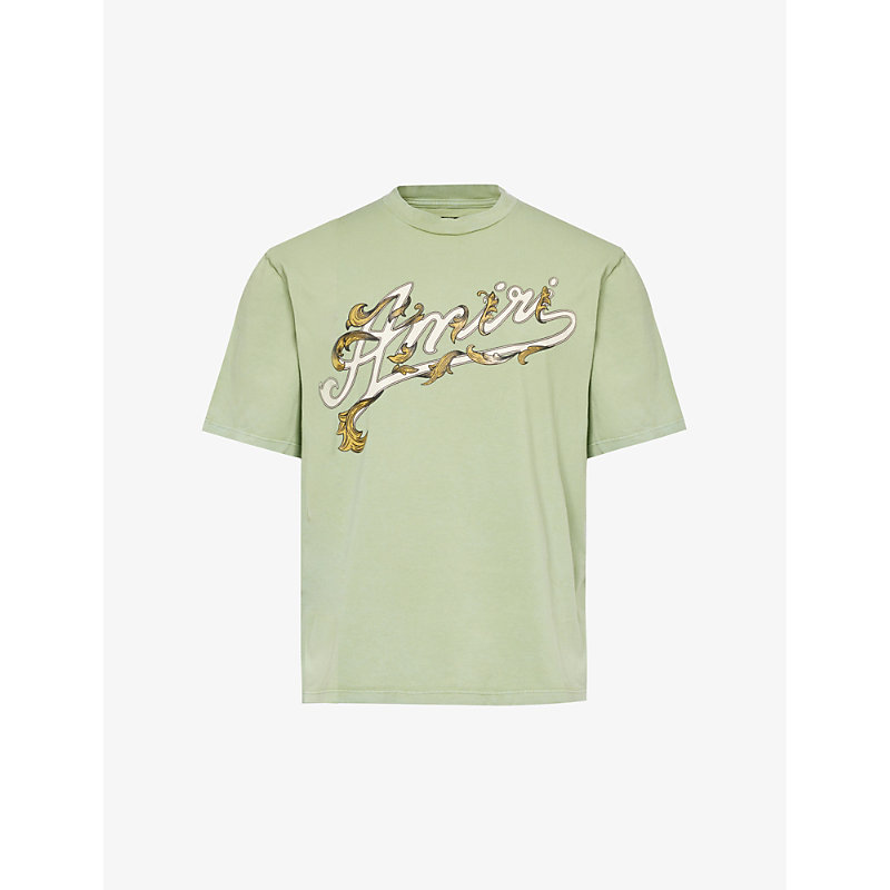 Shop Amiri Men's Mineral Green Filigree Branded-print Cotton-jersey T-shirt