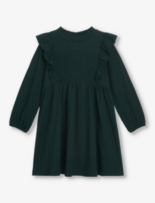 Whistles Girls Dark Green Kids Una Shirred Cotton Mini Dress