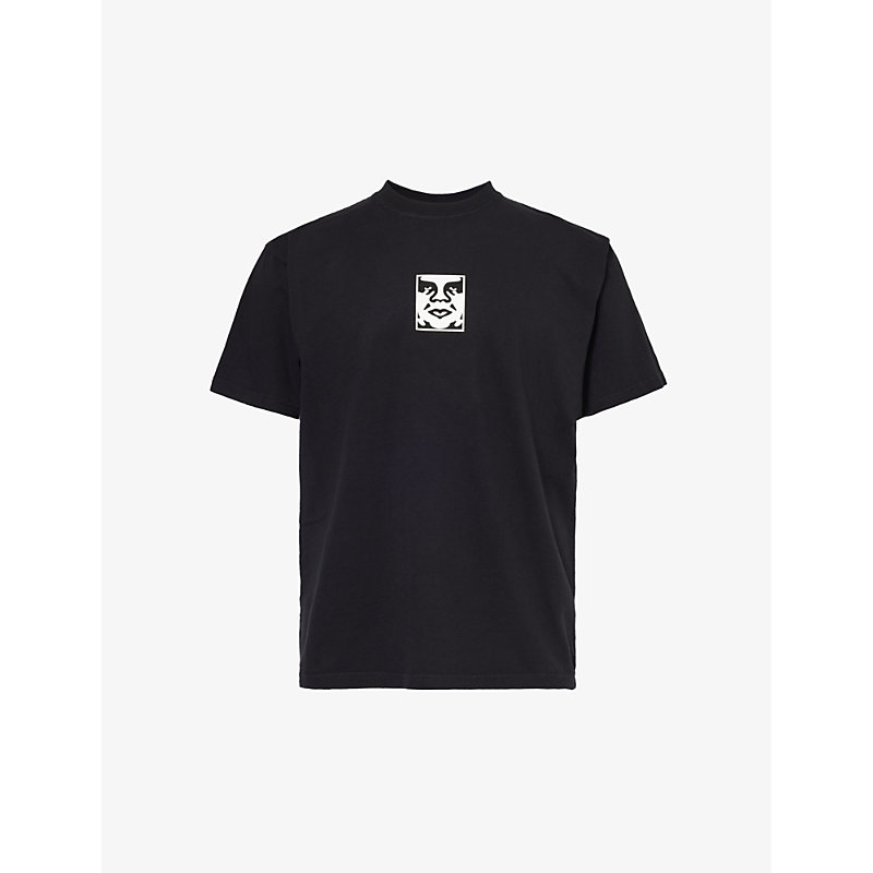 Obey Mens Jet Black Icon Logo-patch Cotton-jersey T-shirt