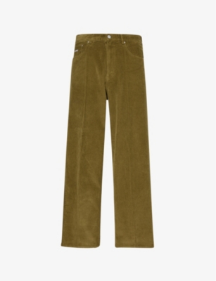 Obey Mens Moss Green Logo-embroidered Relaxed-fit Wide-leg Cotton-corduroy Trousers