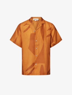 Marane Mens Geometric Orange Las Susana Abstract-print Linen Shirt