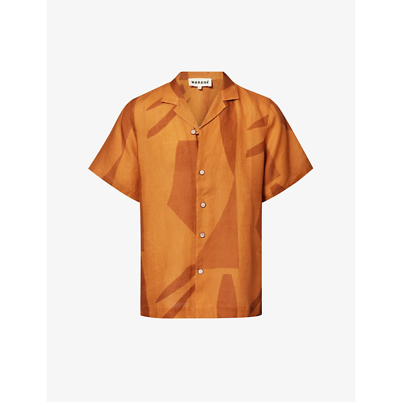 Marane Mens Geometric Orange Las Susana Abstract-print Linen Shirt