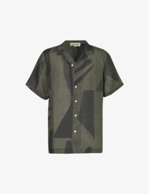 Marane Mens Geometric Dark Grey Las Susana Abstract-print Linen Shirt