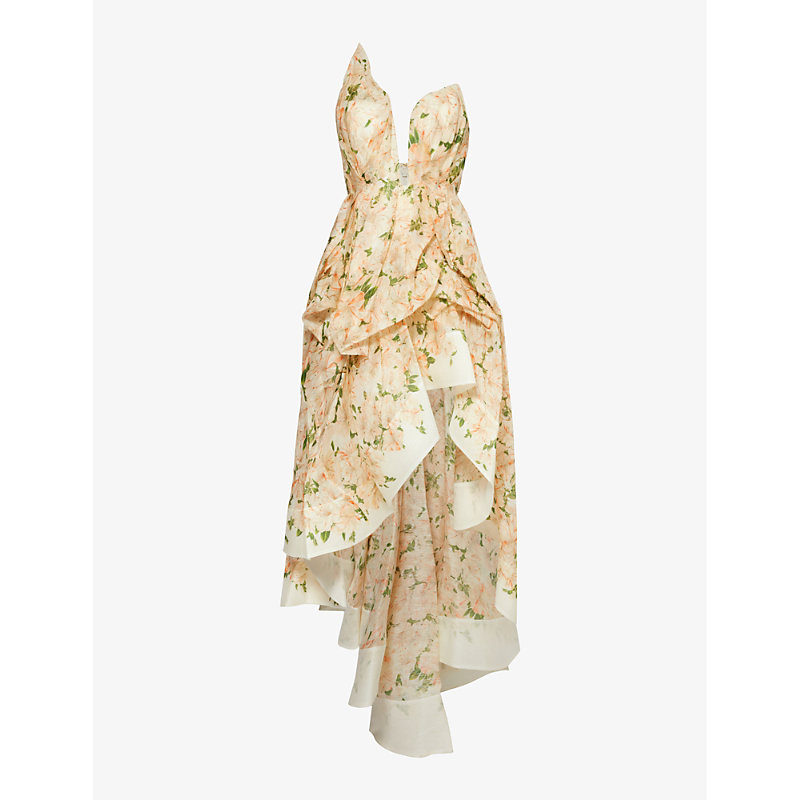 Zimmermann Womens Coral Azalea Asymmetric Floral-pattern Linen And Silk-blend Maxi Dress