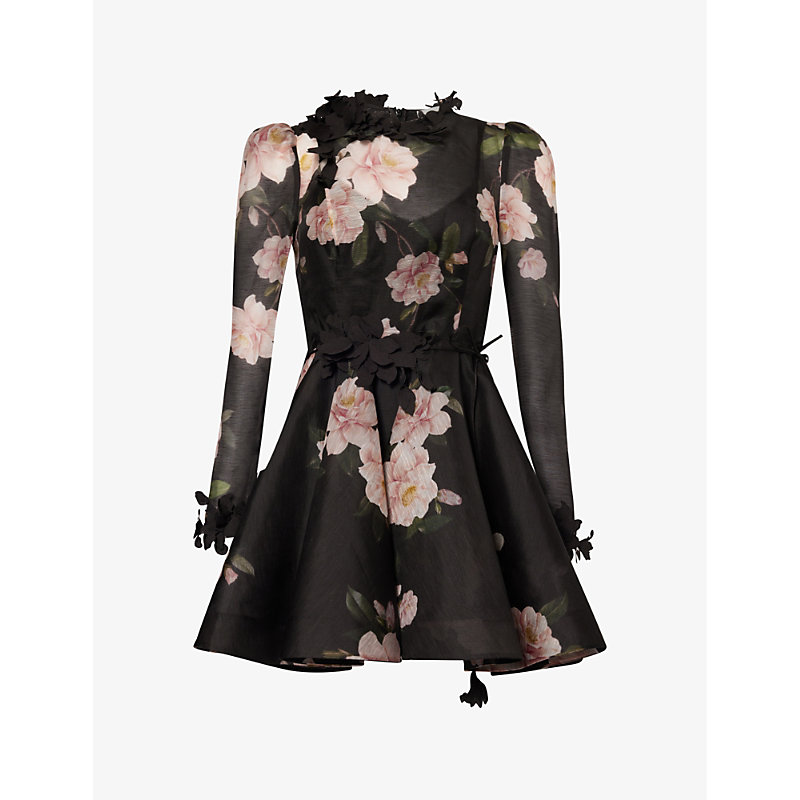 Zimmermann Womens Black Camellia Floral-pattern Linen And Silk-blend Mini Dress