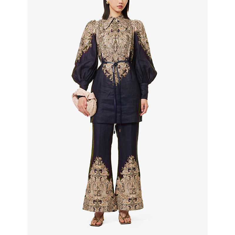 Shop Zimmermann Natura Flared-leg Mid-rise Linen Trousers In Navy Paisley