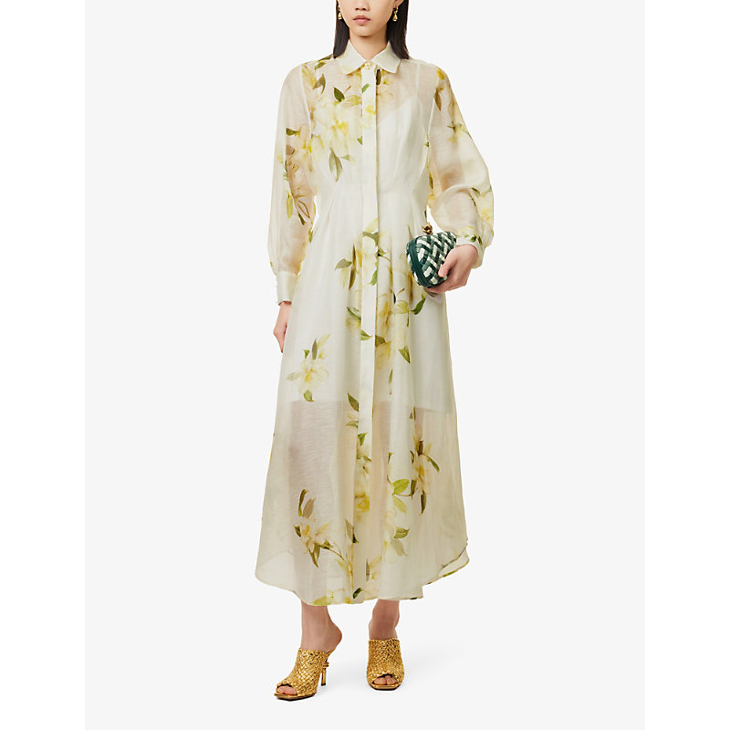 Shop Zimmermann Women's Ivory Magnolia Floral-pattern Linen And Silk-blend Midi Dress