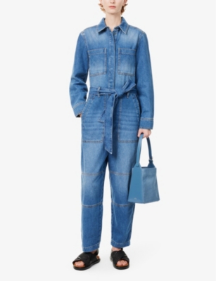Shop Me And Em Womens Mid Blue Patch-pocket Denim Jumpsuit