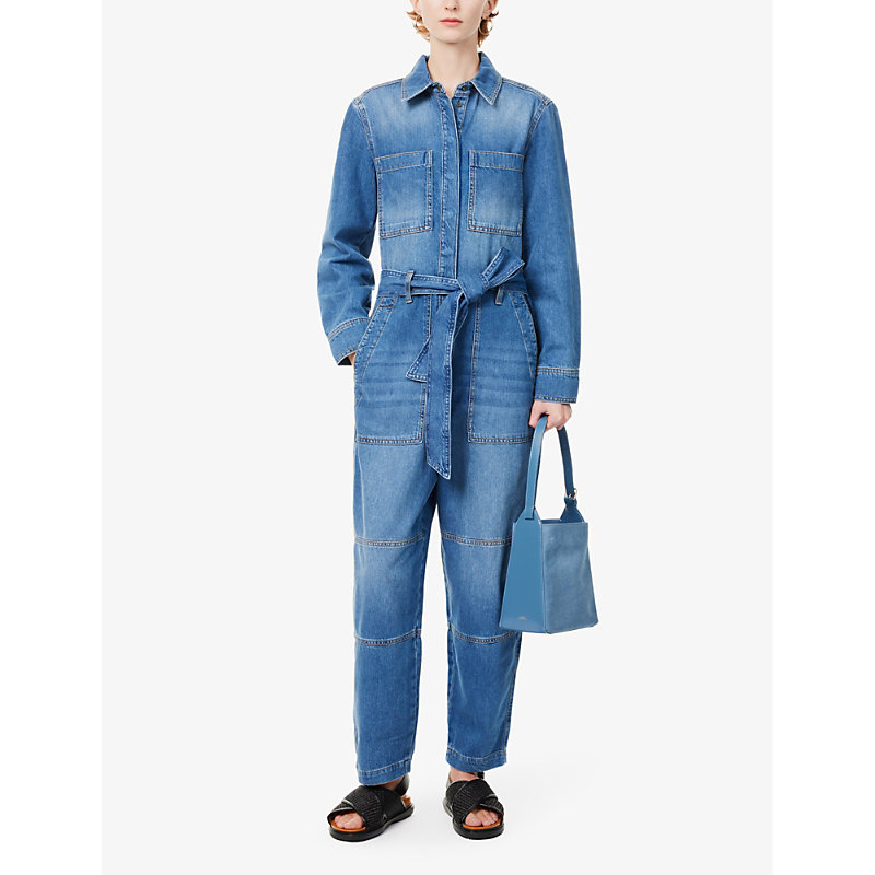 Shop Me And Em Women's Mid Blue Patch-pocket Denim Jumpsuit