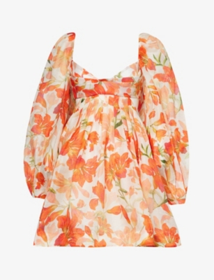 ZIMMERMANN: Floral-print sweetheart-neck linen and silk-blend mini dress
