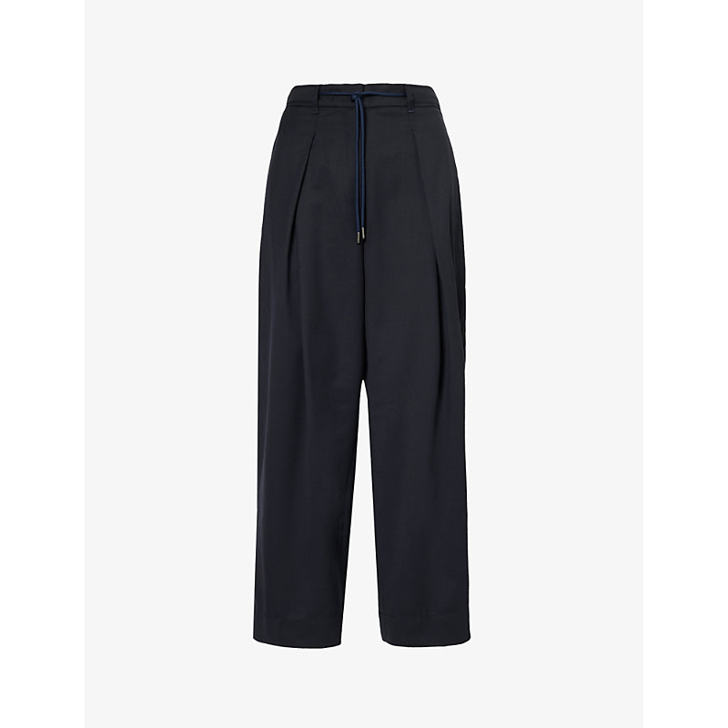 Me And Em Womens Navy Pleated Wide-led High-rise Wool Trousers