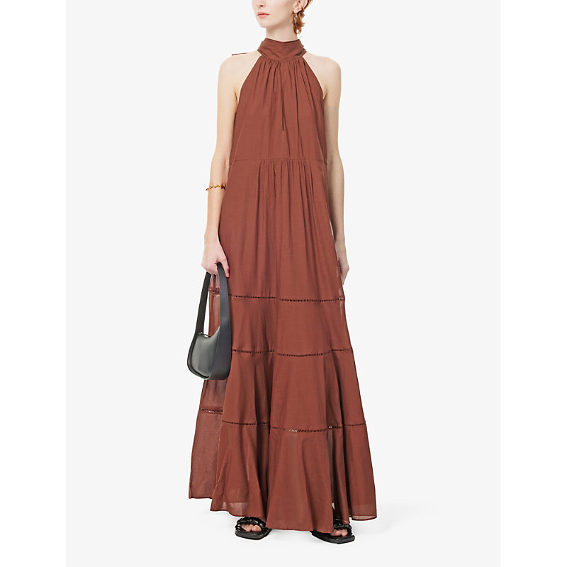Shop Me And Em Women's Cinnamon Halter-neck Frilled-hem Woven Maxi Dress
