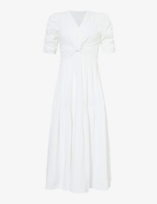 Me And Em Womens Soft White Tie-knot Gathered-sleeve Cotton Midi Dress
