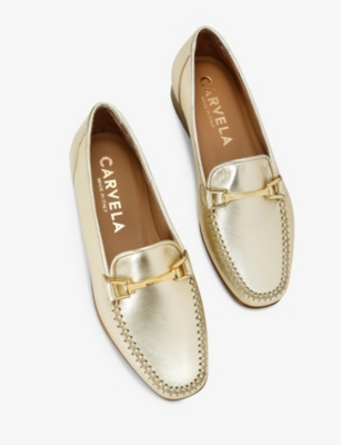 Shop Carvela Comfort Womens Gold Marina Chain-embellished Flat Leather Loafers