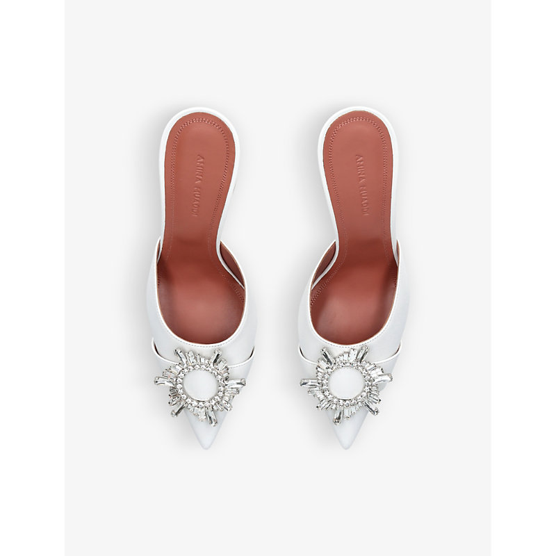 Shop Amina Muaddi Women's White Begum Crystal-embellished Leather Mules
