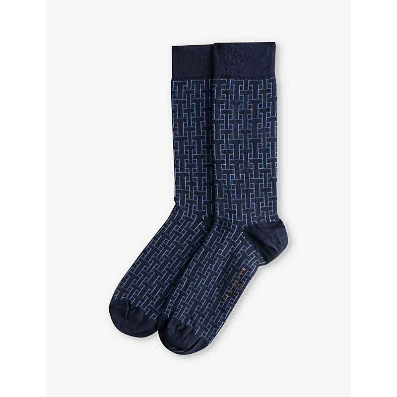 Shop Ted Baker Sokksix Graphic-pattern Stretch Cotton-blend Socks In Blue
